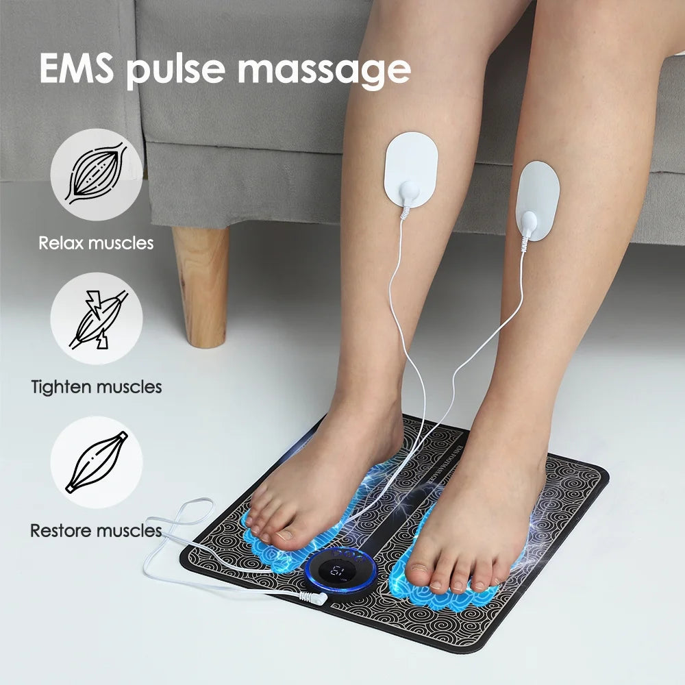 EMS Foot Massager Mat,Feet Electric Massager 8-Mode 19-Level Electrode Massage Foot Mat with 2 Pairs of Electrode Pads,Portable Legs Massager Pad Foot Massager Mat Black
