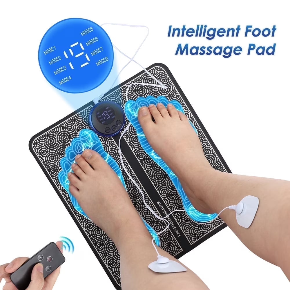 EMS Foot Massager Mat,Feet Electric Massager 8-Mode 19-Level Electrode Massage Foot Mat with 2 Pairs of Electrode Pads,Portable Legs Massager Pad Foot Massager Mat Black
