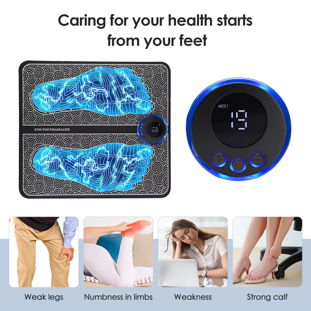 EMS Foot Massager Mat,Feet Electric Massager 8-Mode 19-Level Electrode Massage Foot Mat with 2 Pairs of Electrode Pads,Portable Legs Massager Pad Foot Massager Mat Black