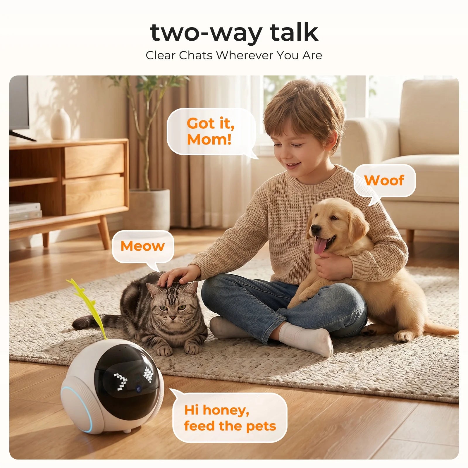 2K Pet Camera Robot with AI, Movable Indoor Wifi Cam, Whole-Home Auto Patrol, Auto-Recharge, 360° Pet Finder, 2-Way Audio, Bark & Sound Alerts for Dogs and Cats