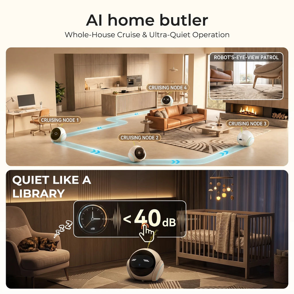 2K Pet Camera Robot with AI, Movable Indoor Wifi Cam, Whole-Home Auto Patrol, Auto-Recharge, 360° Pet Finder, 2-Way Audio, Bark & Sound Alerts for Dogs and Cats