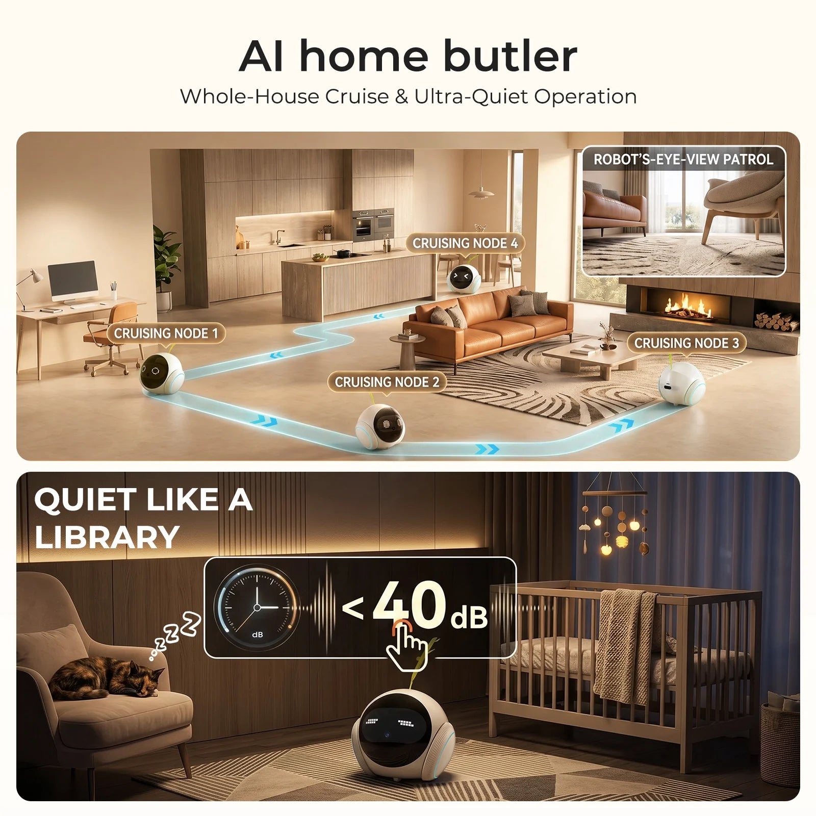 2K Pet Camera Robot with AI, Movable Indoor Wifi Cam, Whole-Home Auto Patrol, Auto-Recharge, 360° Pet Finder, 2-Way Audio, Bark & Sound Alerts for Dogs and Cats