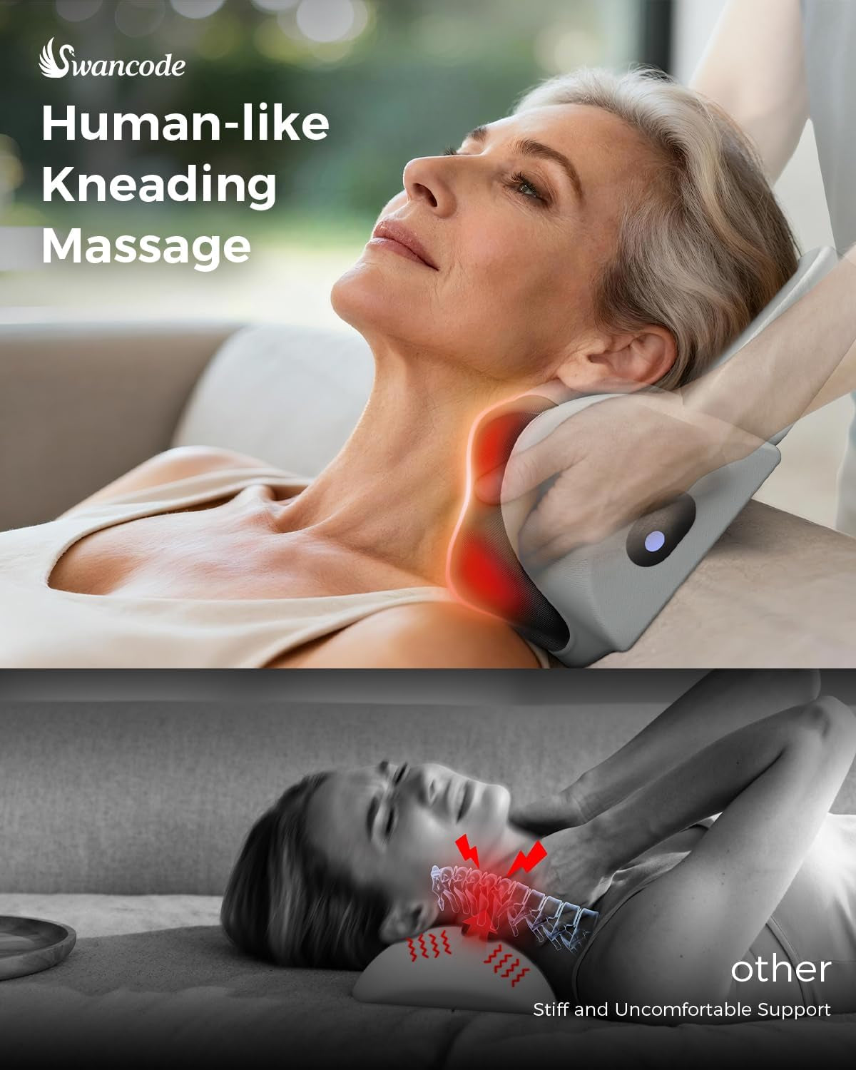 Upgraded 3-In-1 Neck Massager Pillow with Heat, Portable Cordless Neck Massager for Pain Relief Deep Tissue, Rechargeable Pillow Massager for Neck & Shoulder Relaxation (Gray)