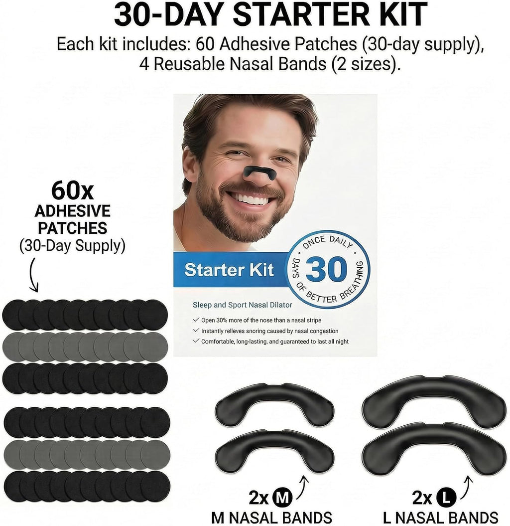 Non-Magnetic Nasal Dilator - Reusable Nose Strips for Nighttime and Sport Starter Kit - 2 Sizes for Custom Fit - 4 Nasal Bands and 60 Adhesive Patches for Airflow Support
