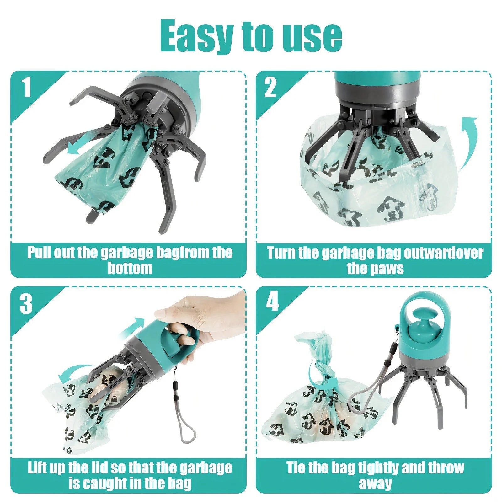 Dog Pooper Scooper, 7-Claw Portable Pet Waste Picker Upper, Hands-Free Sanitary Poop Grabber with Built-In Bag Dispenser, Wrist Strap & 1 Roll Poop Bags, for Small Medium Large Dogs Walking