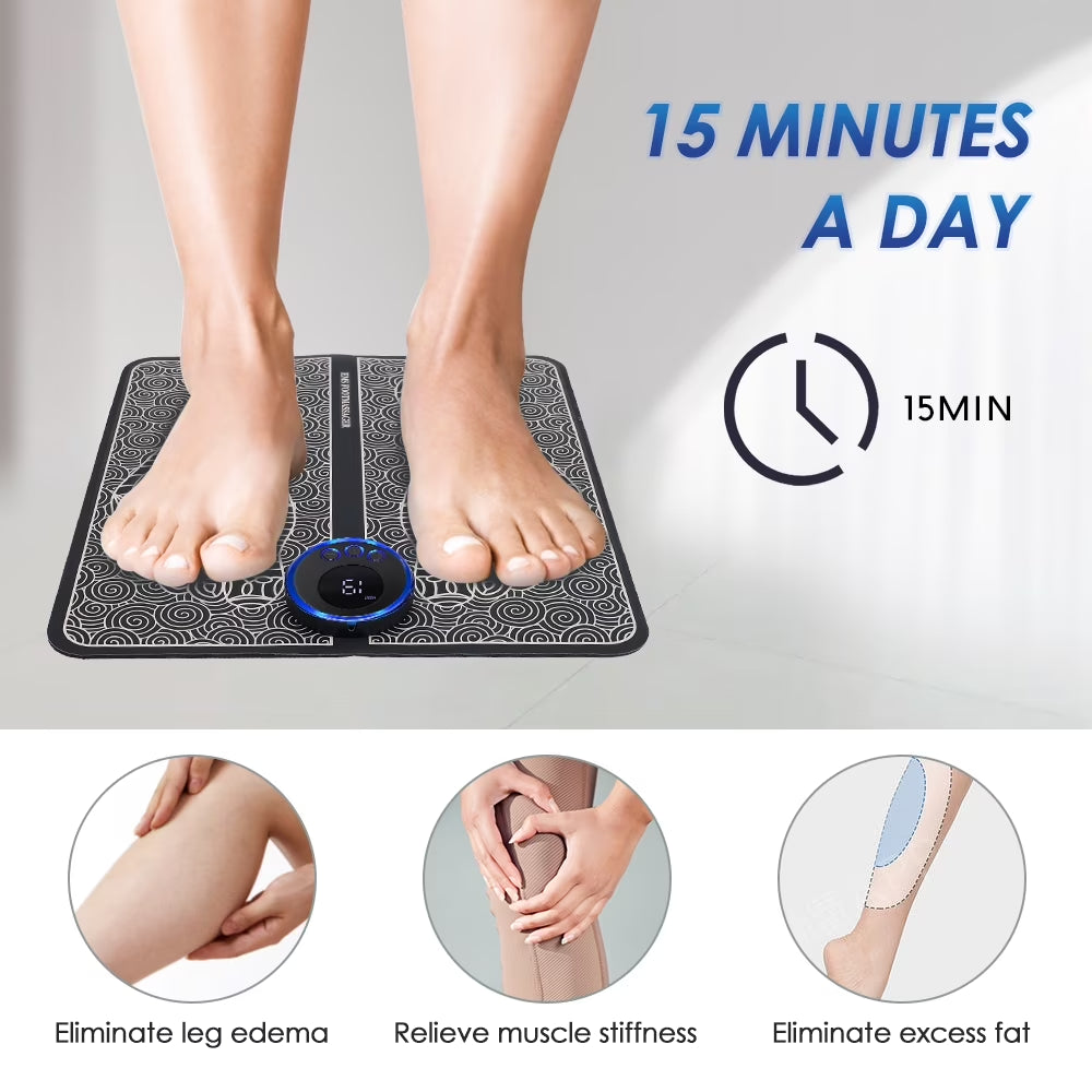 EMS Foot Massager Mat,Feet Electric Massager 8-Mode 19-Level Electrode Massage Foot Mat with 2 Pairs of Electrode Pads,Portable Legs Massager Pad Foot Massager Mat Black