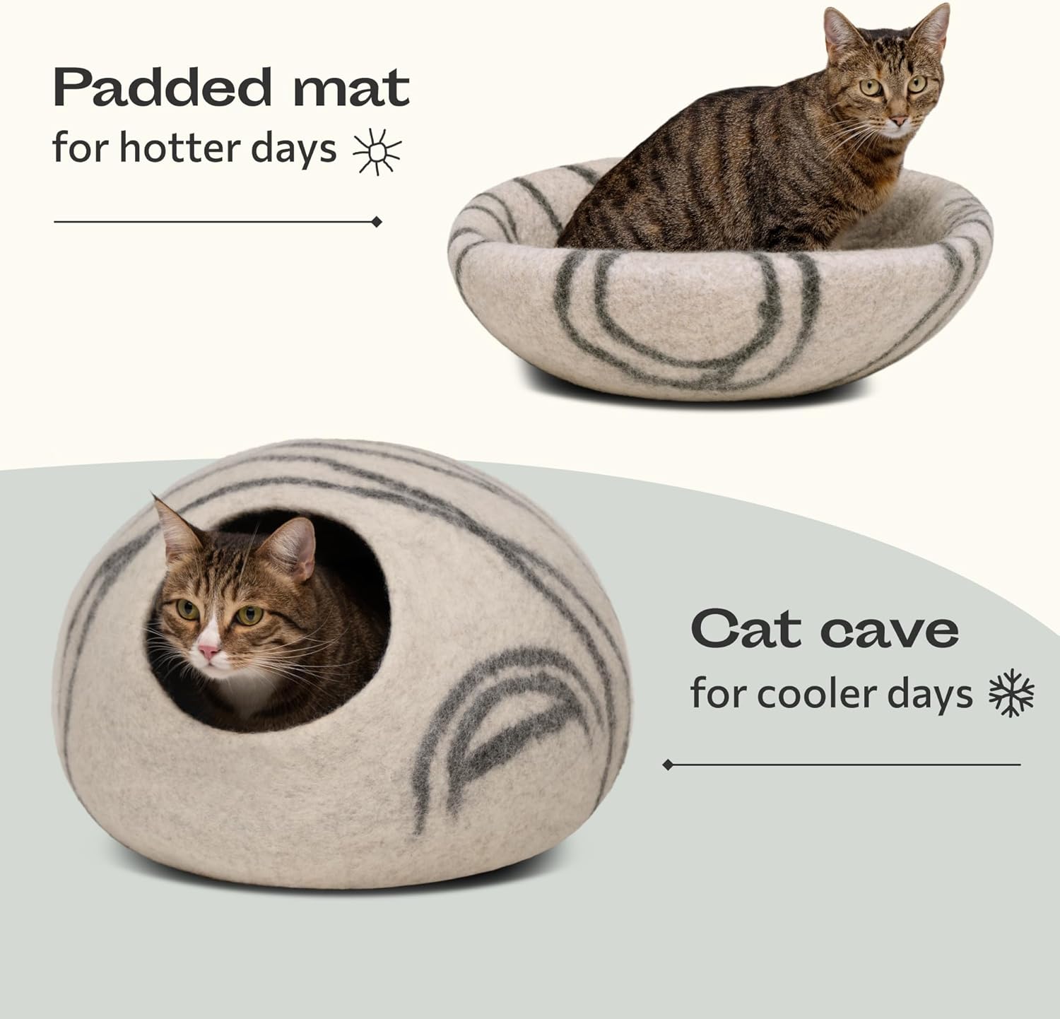 Cat Cave – Premium Felt Cat Bed for Indoor Cats, Handmade Merino Wool (Light Gray, Large)