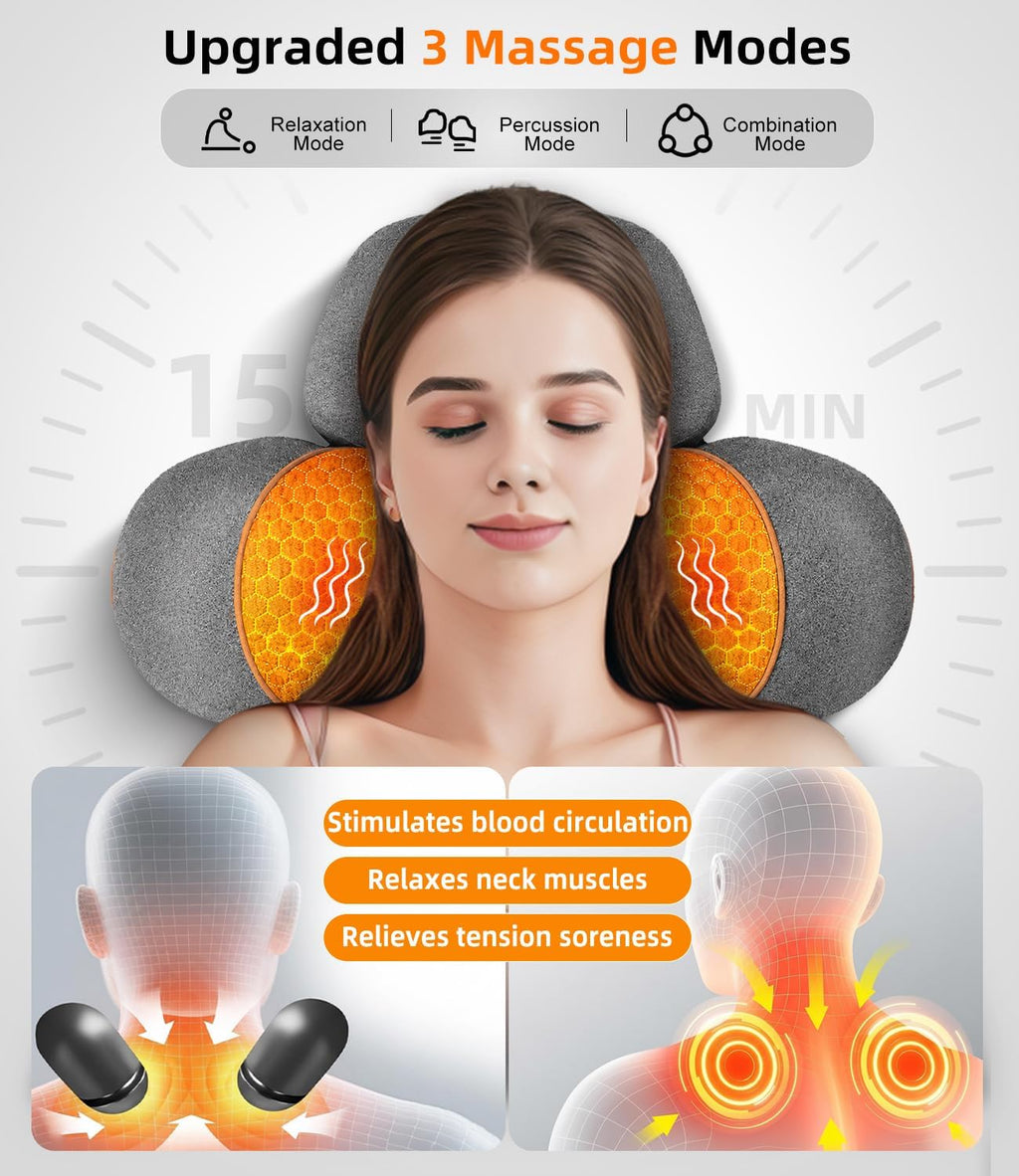 Cordless Heated Neck Massager Pillow for Pain Relief Deep Tissue, 3-In-1 Rechargeable Neck Cervical Traction Device with Heat, Massage, Electric Stretch, Ergonomic Shoulder Relaxer,Grey