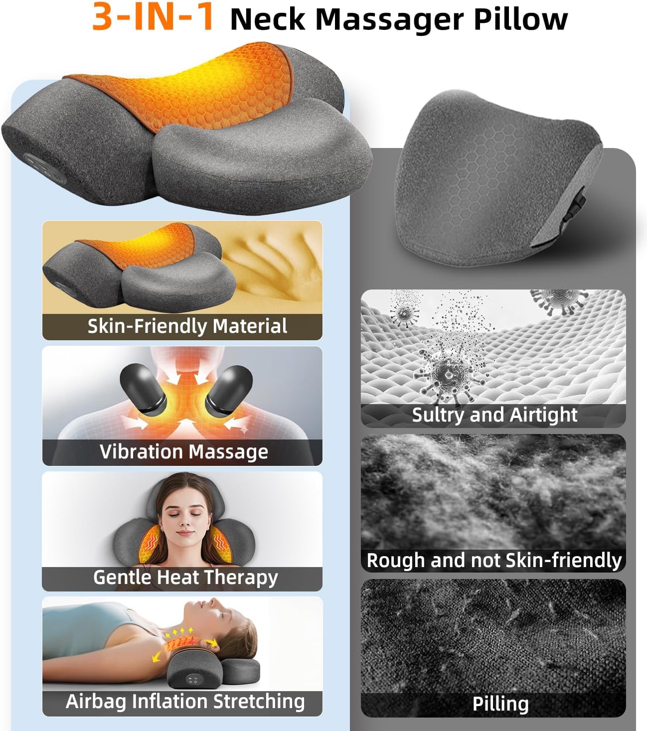Cordless Heated Neck Massager Pillow for Pain Relief Deep Tissue, 3-In-1 Rechargeable Neck Cervical Traction Device with Heat, Massage, Electric Stretch, Ergonomic Shoulder Relaxer,Grey
