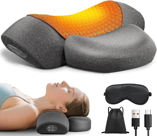 Cordless Heated Neck Massager Pillow for Pain Relief Deep Tissue, 3-In-1 Rechargeable Neck Cervical Traction Device with Heat, Massage, Electric Stretch, Ergonomic Shoulder Relaxer,Grey