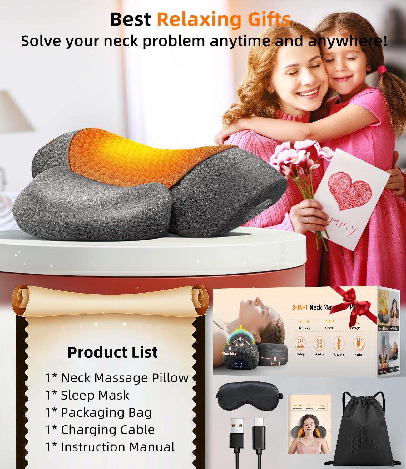Cordless Heated Neck Massager Pillow for Pain Relief Deep Tissue, 3-In-1 Rechargeable Neck Cervical Traction Device with Heat, Massage, Electric Stretch, Ergonomic Shoulder Relaxer,Grey