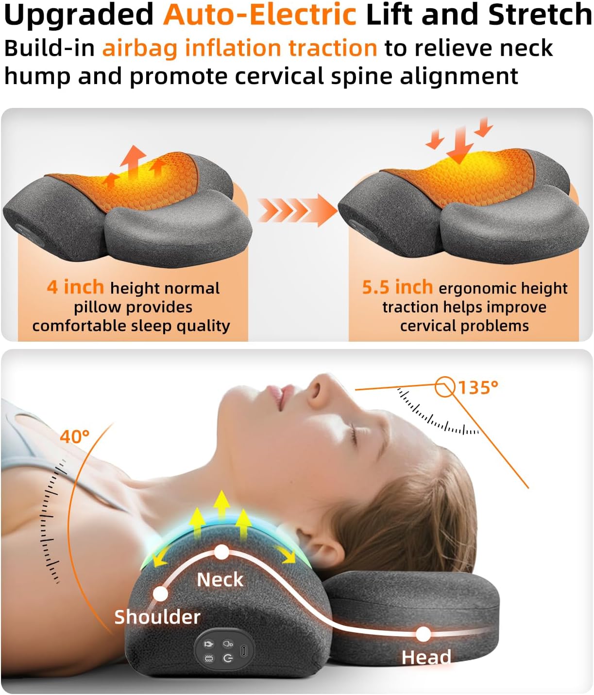 Cordless Heated Neck Massager Pillow for Pain Relief Deep Tissue, 3-In-1 Rechargeable Neck Cervical Traction Device with Heat, Massage, Electric Stretch, Ergonomic Shoulder Relaxer,Grey