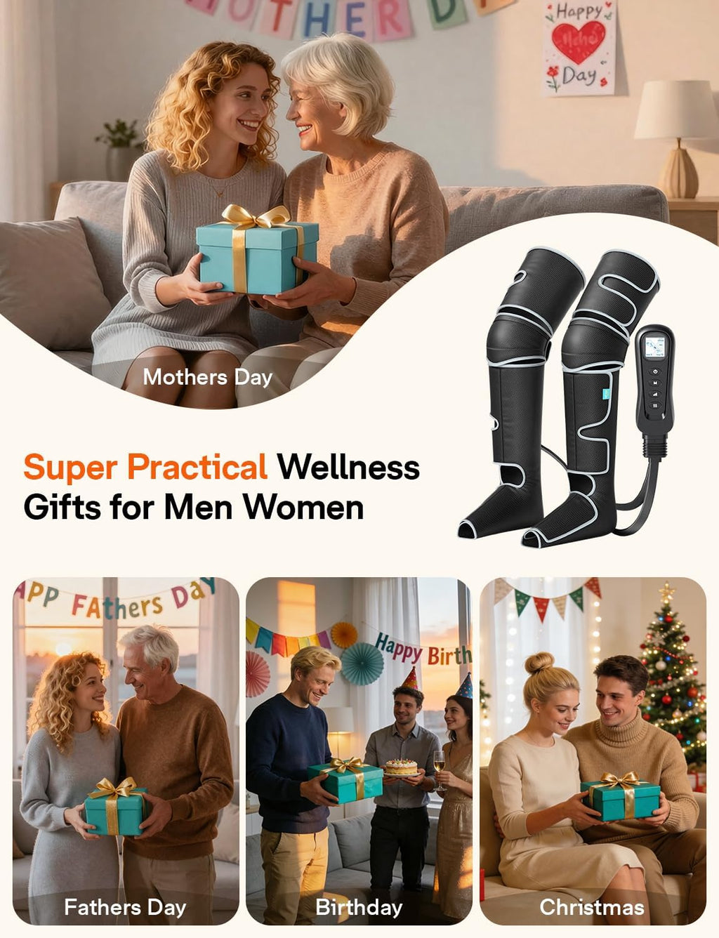 Leg Massager for Circulation and Pain Relief FSA, Gifts for Men Women Dad Mom, Leg Massager with Heat and Compression, 2 Heat 5 Modes 4 Intensities 4 Extenders