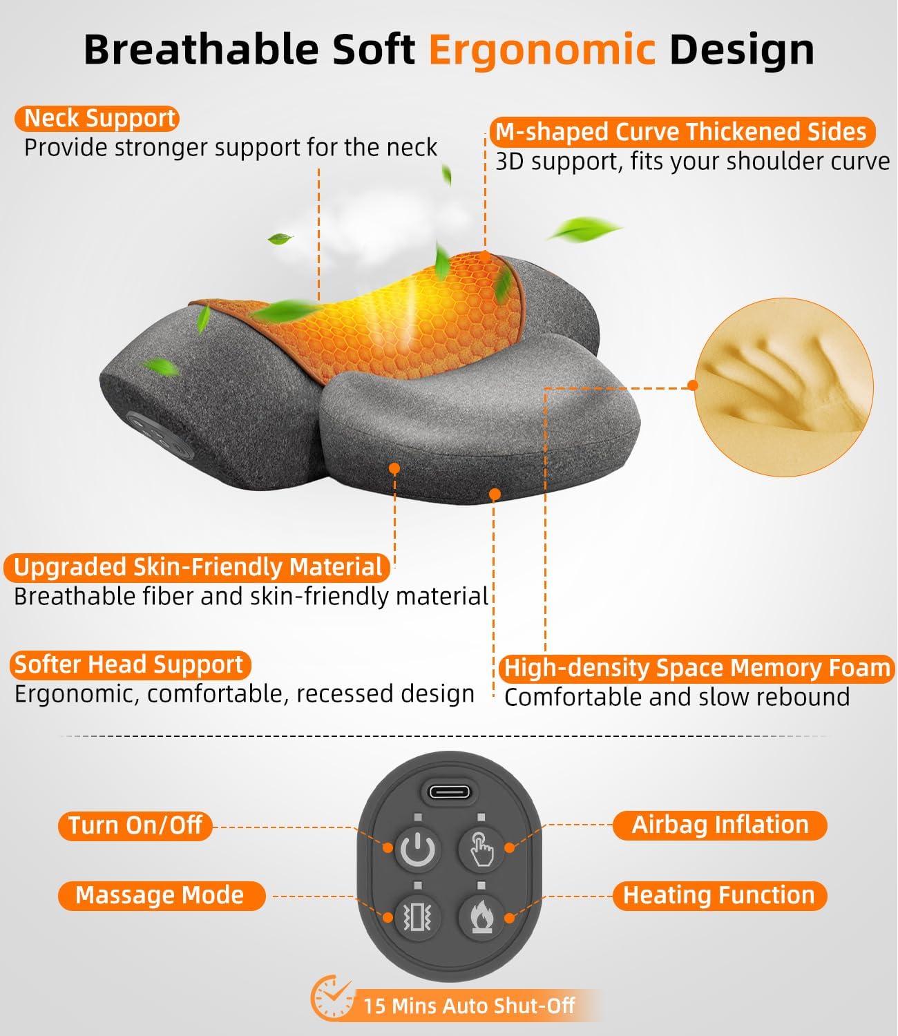 Cordless Heated Neck Massager Pillow for Pain Relief Deep Tissue, 3-In-1 Rechargeable Neck Cervical Traction Device with Heat, Massage, Electric Stretch, Ergonomic Shoulder Relaxer,Grey