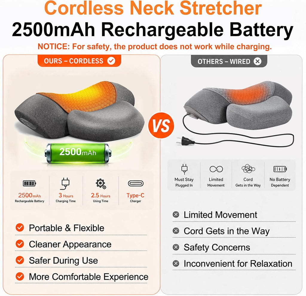 Cordless Heated Neck Massager Pillow for Pain Relief Deep Tissue, 3-In-1 Rechargeable Neck Cervical Traction Device with Heat, Massage, Electric Stretch, Ergonomic Shoulder Relaxer,Grey