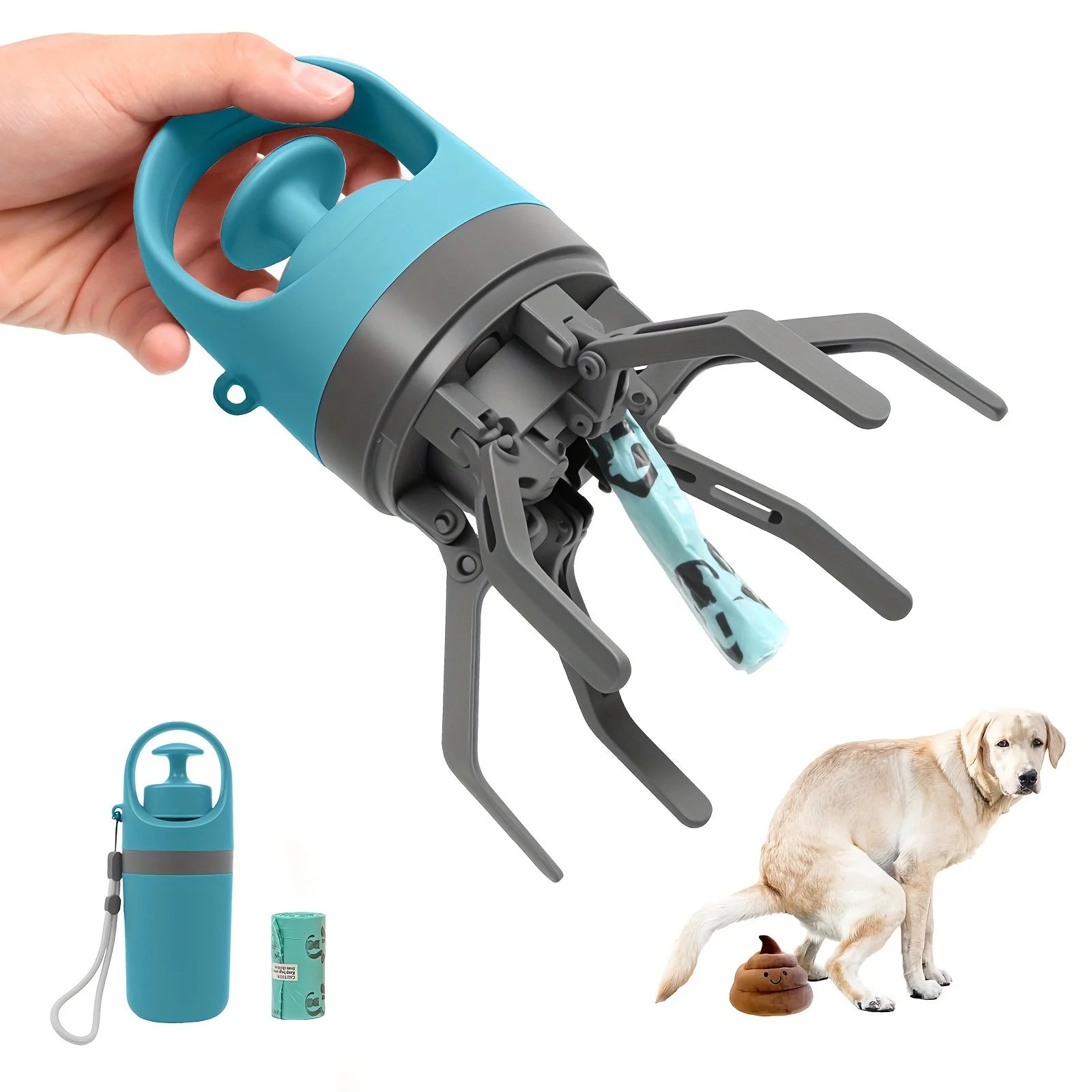 Dog Pooper Scooper, 7-Claw Portable Pet Waste Picker Upper, Hands-Free Sanitary Poop Grabber with Built-In Bag Dispenser, Wrist Strap & 1 Roll Poop Bags, for Small Medium Large Dogs Walking