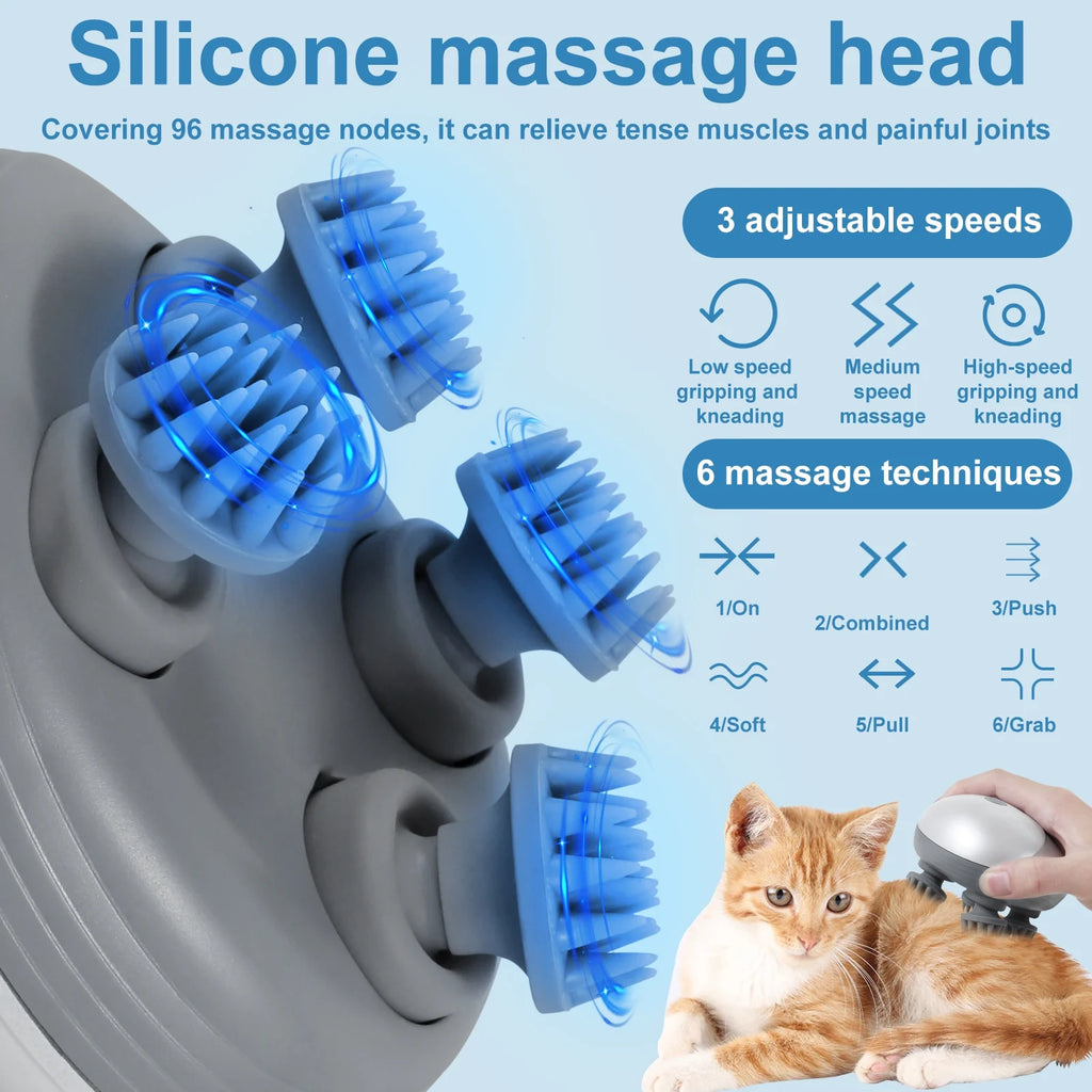 Electric Pet Massager Portable Handheld Pet Scalp Massager with 4 Massage Heads 3 Modes USB Rechargeable Waterproof Massage Tool for Dog Cat Body Relaxion
