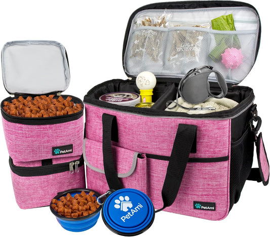 Dog Travel Bag Organizer, Pet Travel Kit with 2 Food Containers & 2 Collapsible Dog Bowls, Pet Supplies Tote with Luggage Sleeve, Weekend Road Trip Camping Essentials, Pink, Medium