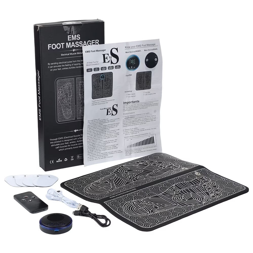 EMS Foot Massager Mat,Feet Electric Massager 8-Mode 19-Level Electrode Massage Foot Mat with 2 Pairs of Electrode Pads,Portable Legs Massager Pad Foot Massager Mat Black