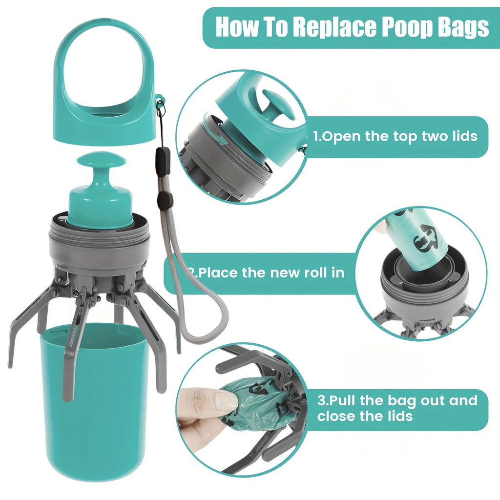 Dog Pooper Scooper, 7-Claw Portable Pet Waste Picker Upper, Hands-Free Sanitary Poop Grabber with Built-In Bag Dispenser, Wrist Strap & 1 Roll Poop Bags, for Small Medium Large Dogs Walking