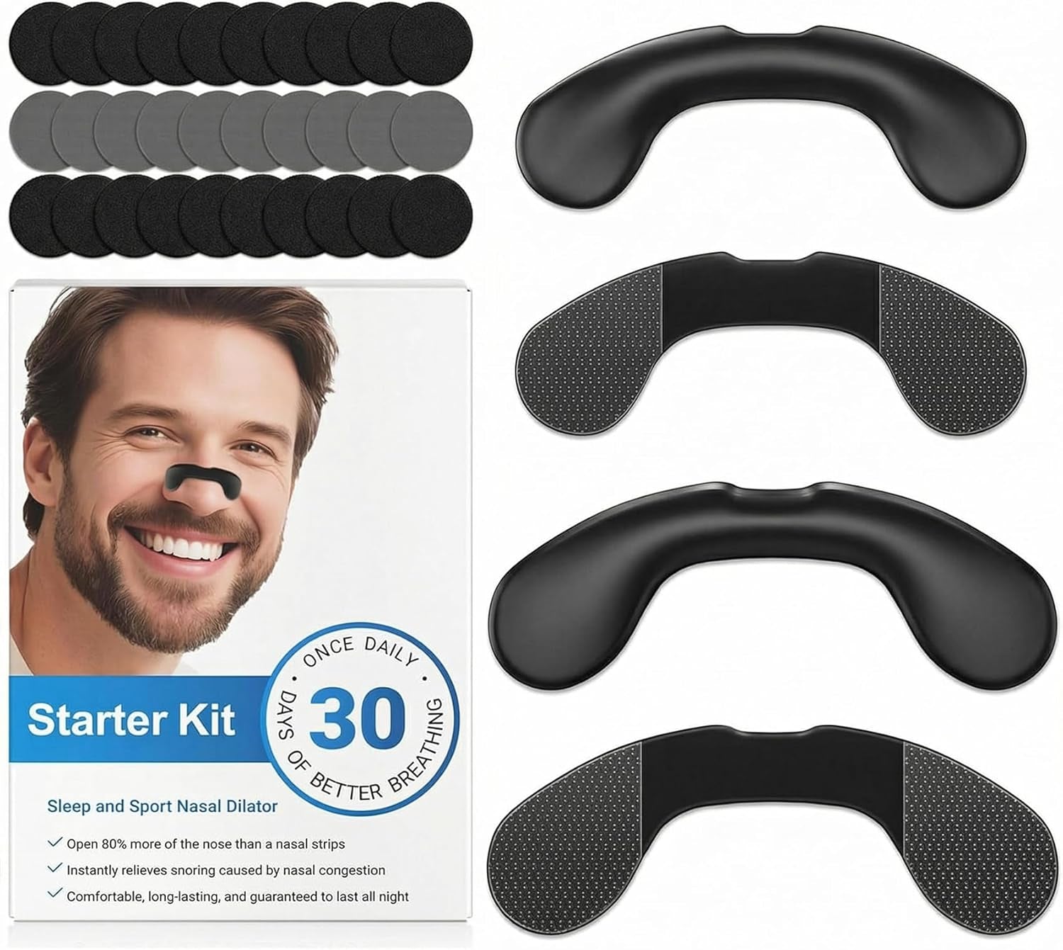 Non-Magnetic Nasal Dilator - Reusable Nose Strips for Nighttime and Sport Starter Kit - 2 Sizes for Custom Fit - 4 Nasal Bands and 60 Adhesive Patches for Airflow Support