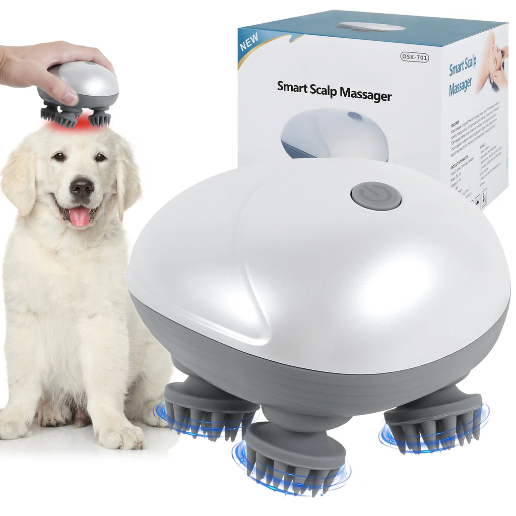 Electric Pet Massager Portable Handheld Pet Scalp Massager with 4 Massage Heads 3 Modes USB Rechargeable Waterproof Massage Tool for Dog Cat Body Relaxion