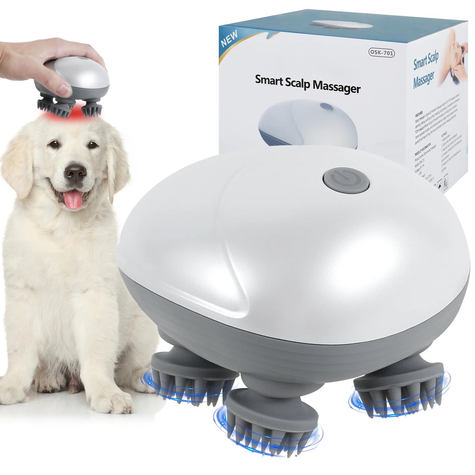 Electric Pet Massager Portable Handheld Pet Scalp Massager with 4 Massage Heads 3 Modes USB Rechargeable Waterproof Massage Tool for Dog Cat Body Relaxion