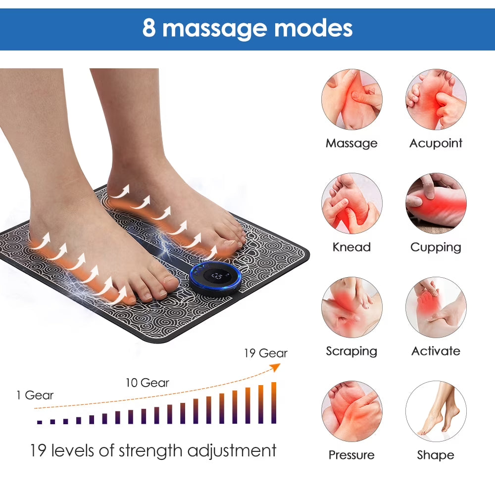 EMS Foot Massager Mat,Feet Electric Massager 8-Mode 19-Level Electrode Massage Foot Mat with 2 Pairs of Electrode Pads,Portable Legs Massager Pad Foot Massager Mat Black