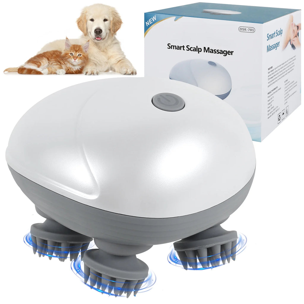 Electric Pet Massager Portable Handheld Pet Scalp Massager with 4 Massage Heads 3 Modes USB Rechargeable Waterproof Massage Tool for Dog Cat Body Relaxion