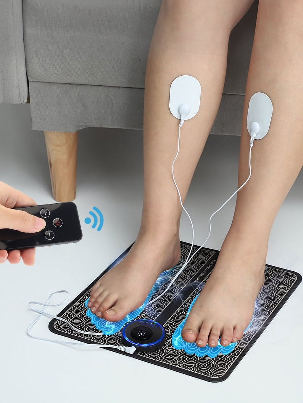 EMS Foot Massager Mat,Feet Electric Massager 8-Mode 19-Level Electrode Massage Foot Mat with 2 Pairs of Electrode Pads,Portable Legs Massager Pad Foot Massager Mat Black