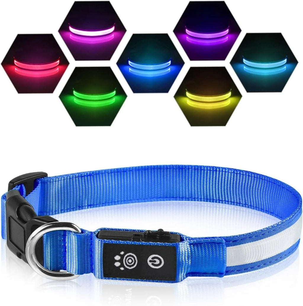 Light up Dog Collar for Night Walking - LED Dog Collar Light Rechargeable Color Changing, Glow in the Dark Dog Collars Waterproof Glowing Dog Collars for Large Small Medium Dogs Blue,L
