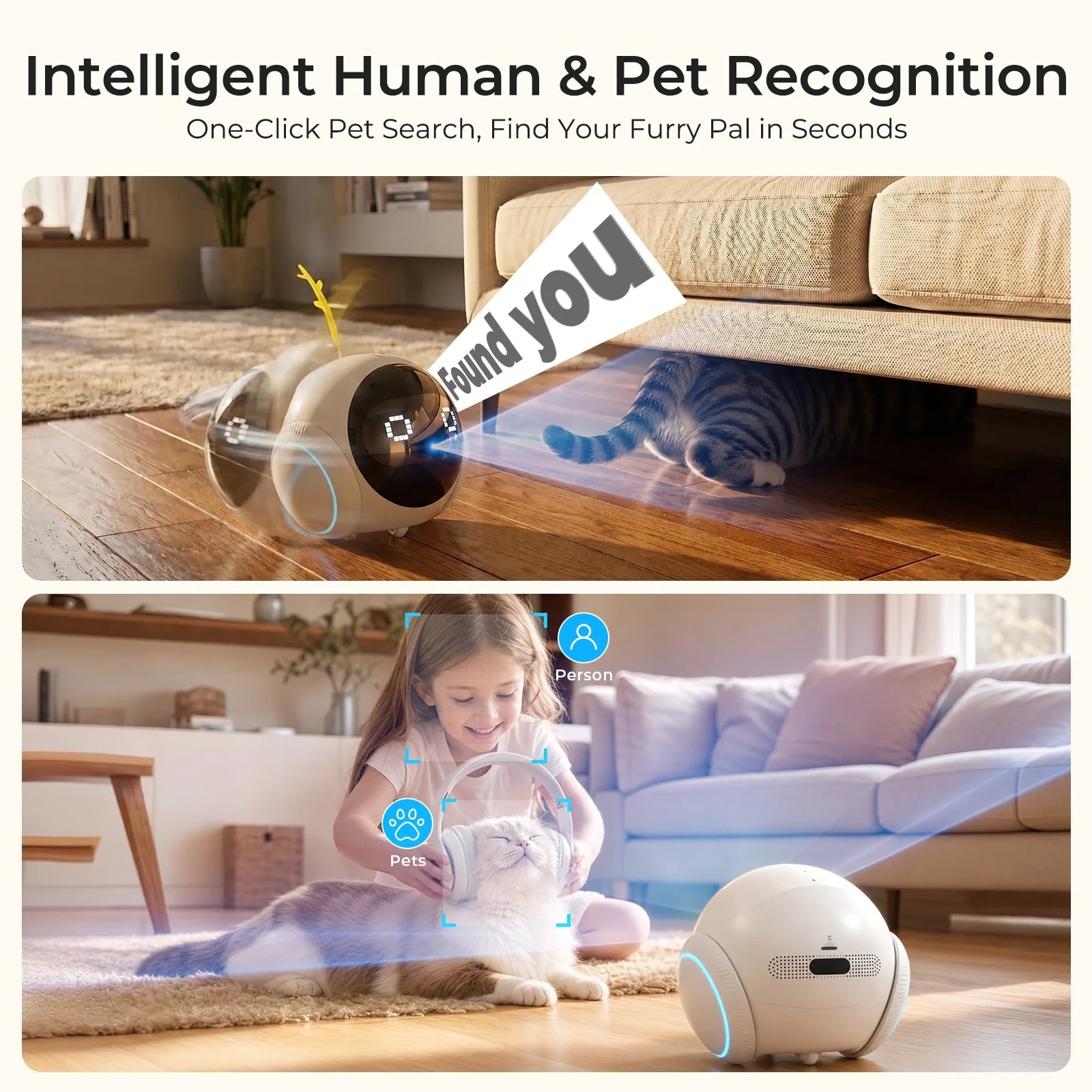 2K Pet Camera Robot with AI, Movable Indoor Wifi Cam, Whole-Home Auto Patrol, Auto-Recharge, 360° Pet Finder, 2-Way Audio, Bark & Sound Alerts for Dogs and Cats