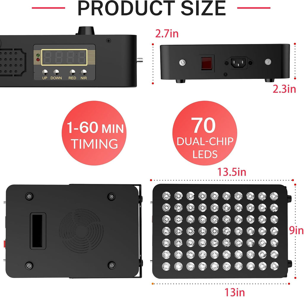 Red Light Therapy, 70 Dual Chip Red Light Therapy Panel Clinical Grade LED Device with Timer, Ideal for Body, Face, Recovery, Improve Sleep, Skin Health, 350W(Black)