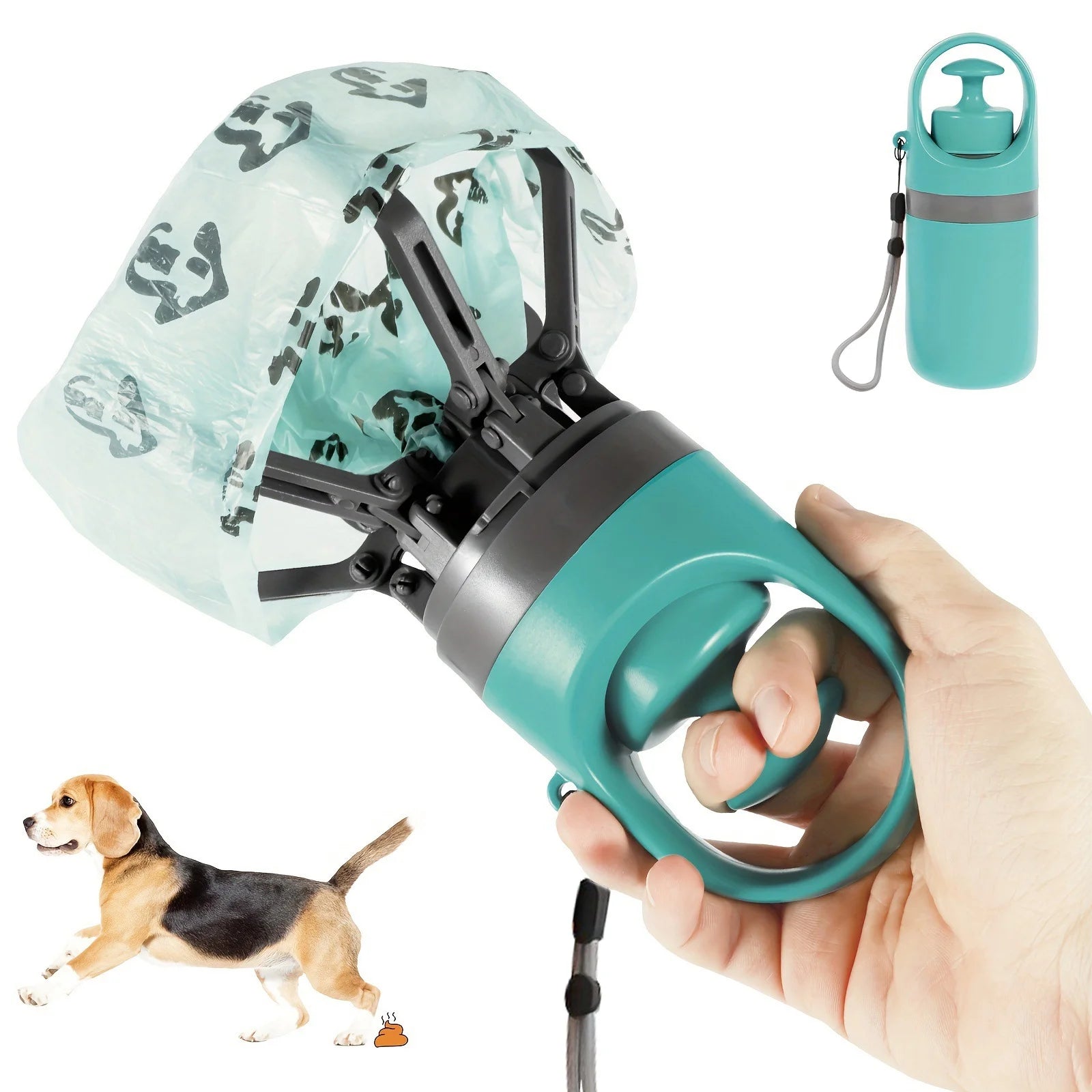 Dog Pooper Scooper, 7-Claw Portable Pet Waste Picker Upper, Hands-Free Sanitary Poop Grabber with Built-In Bag Dispenser, Wrist Strap & 1 Roll Poop Bags, for Small Medium Large Dogs Walking