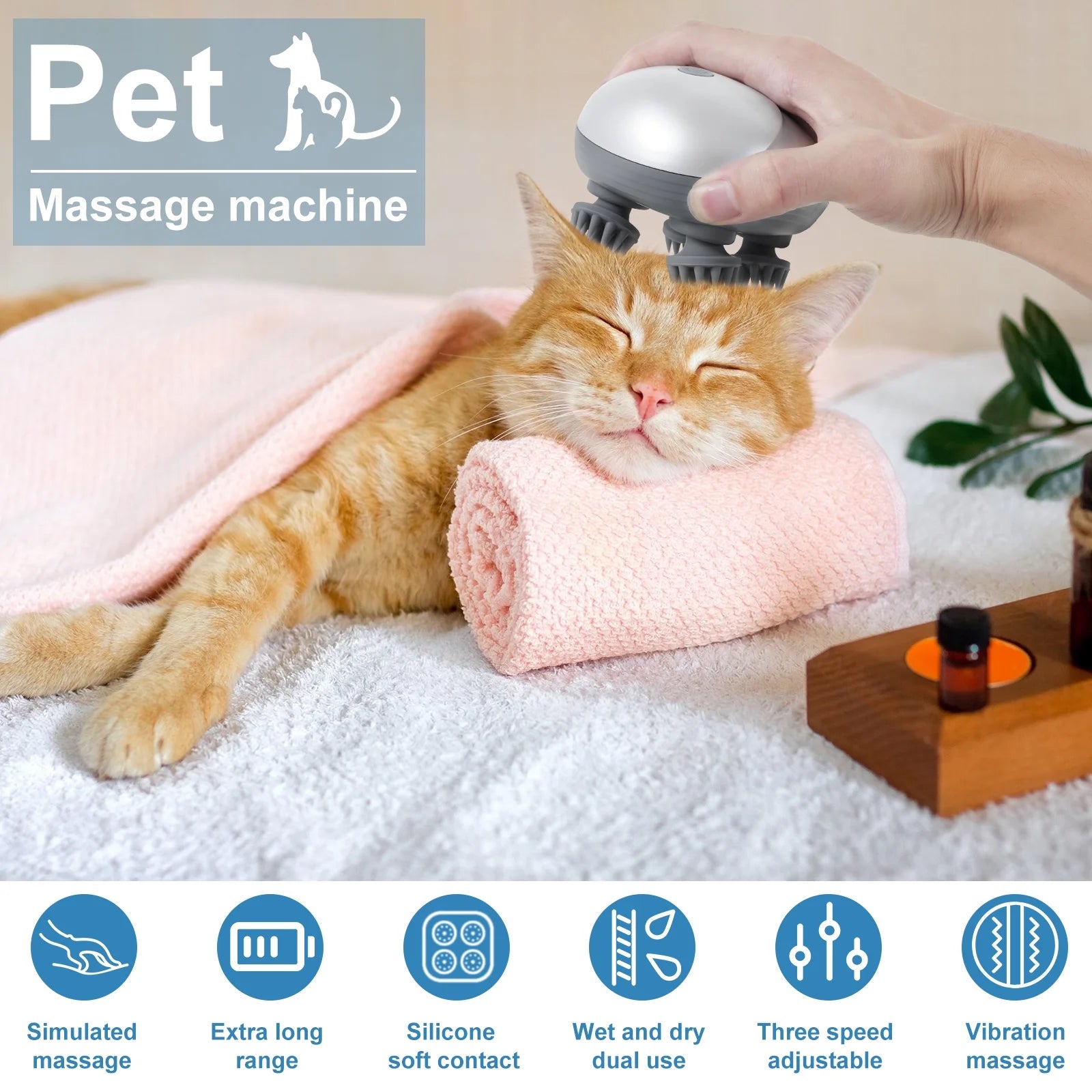 Electric Pet Massager Portable Handheld Pet Scalp Massager with 4 Massage Heads 3 Modes USB Rechargeable Waterproof Massage Tool for Dog Cat Body Relaxion