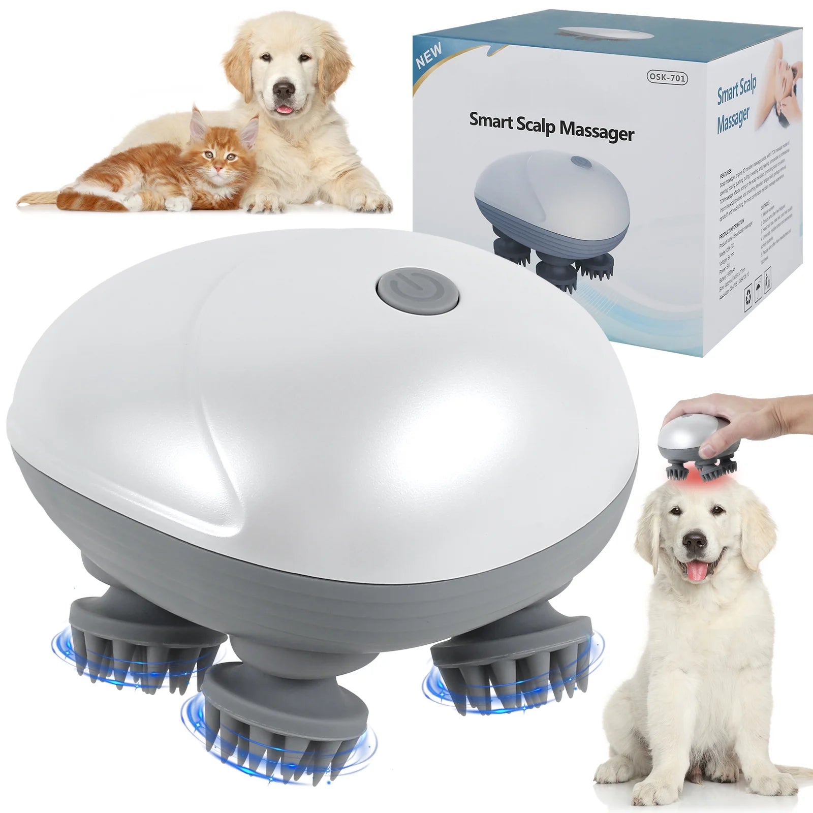 Electric Pet Massager Portable Handheld Pet Scalp Massager with 4 Massage Heads 3 Modes USB Rechargeable Waterproof Massage Tool for Dog Cat Body Relaxion