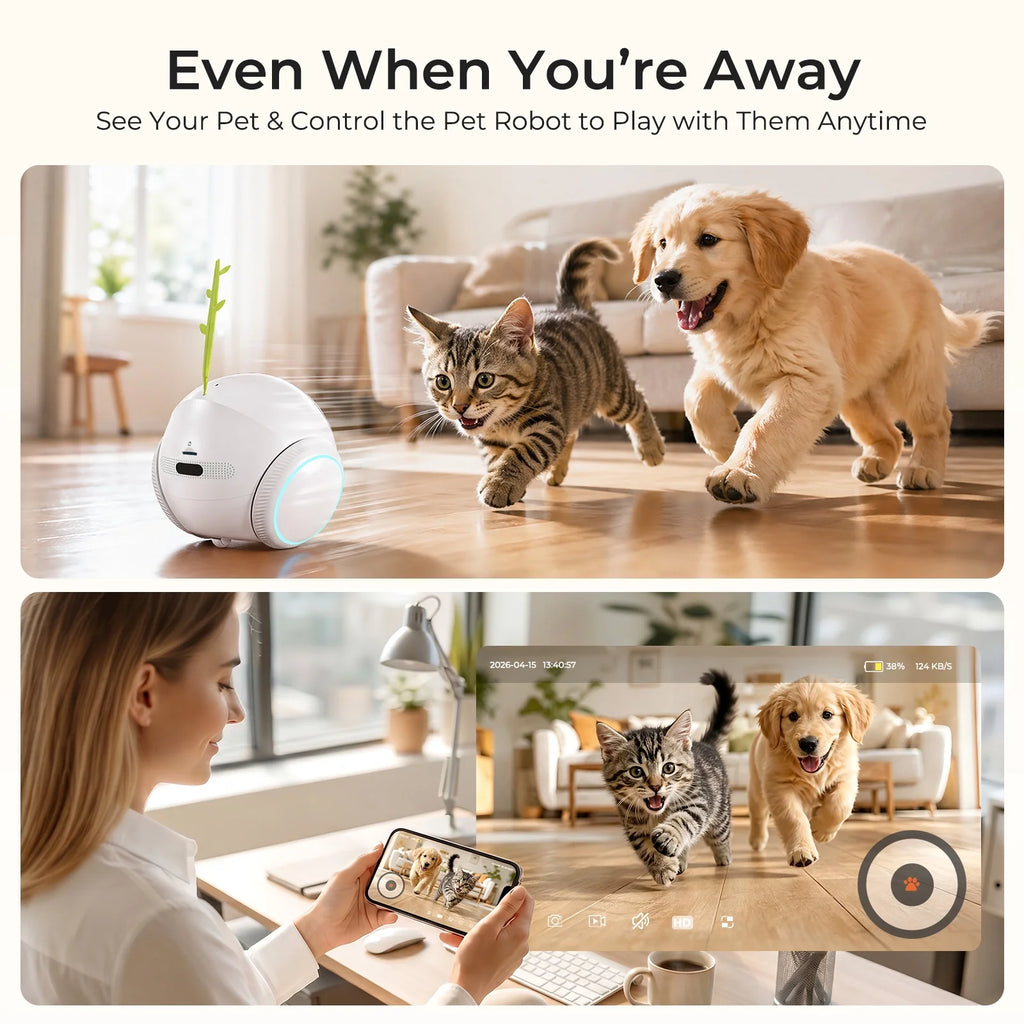 2K Pet Camera Robot with AI, Movable Indoor Wifi Cam, Whole-Home Auto Patrol, Auto-Recharge, 360° Pet Finder, 2-Way Audio, Bark & Sound Alerts for Dogs and Cats